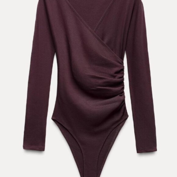 Express Tops - Zara Long Sleeve Deep V-cut‎ Body Suit in Dark Purple